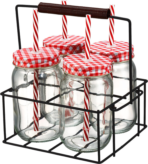 Artland Gingham Sipper Jar Set with Square Metal Caddy, Clear
