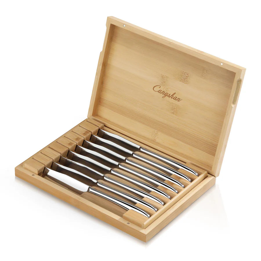 Cangshan Rain 8 Piece Stainless Steel Steak Knife Set in Bamboo Box