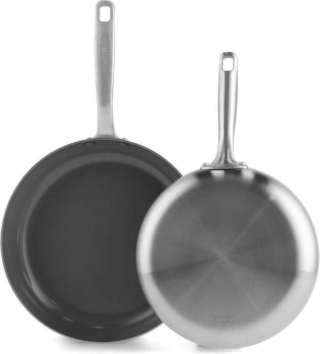 GreenPan Chatham Tri-Ply Stainless Steel Ceramic Nonstick 10" and 12" Induction Frying Pan Set (PFAS Free)