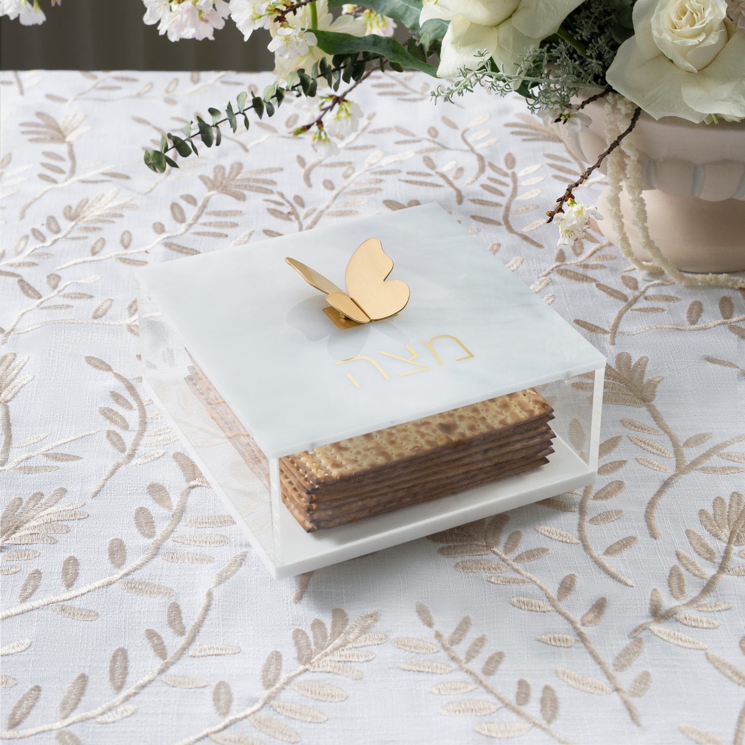 Myrtle & Rum Square Matzah Box with Butterfly Knob, White