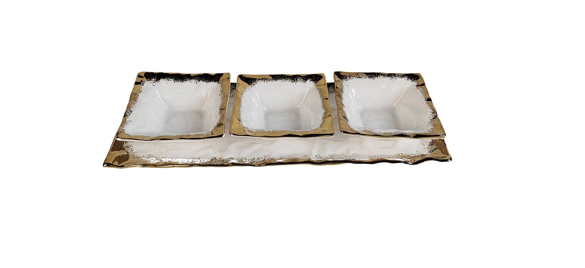 Classic Touch White Porcelain 3 Bowl Relish Dish with Gold Edge15.75