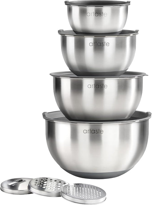 Cangshan ARTASTE 8 Pc Stainless Steel Mixing Bowl Set with Silicone Base and Lid and with Graters