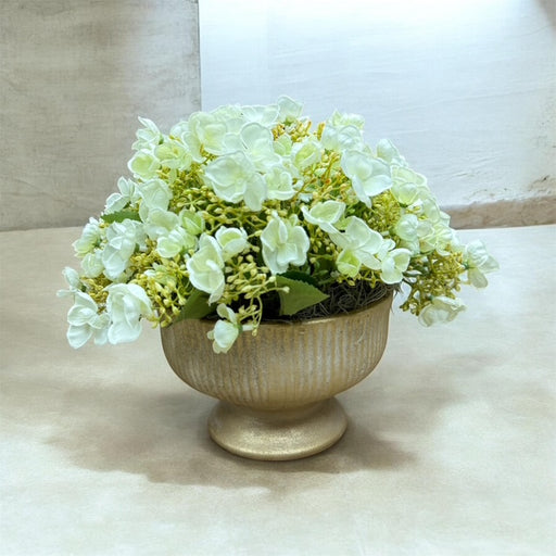 CDI White Hydrangea Spray in Beige Gold Ridged Pot
