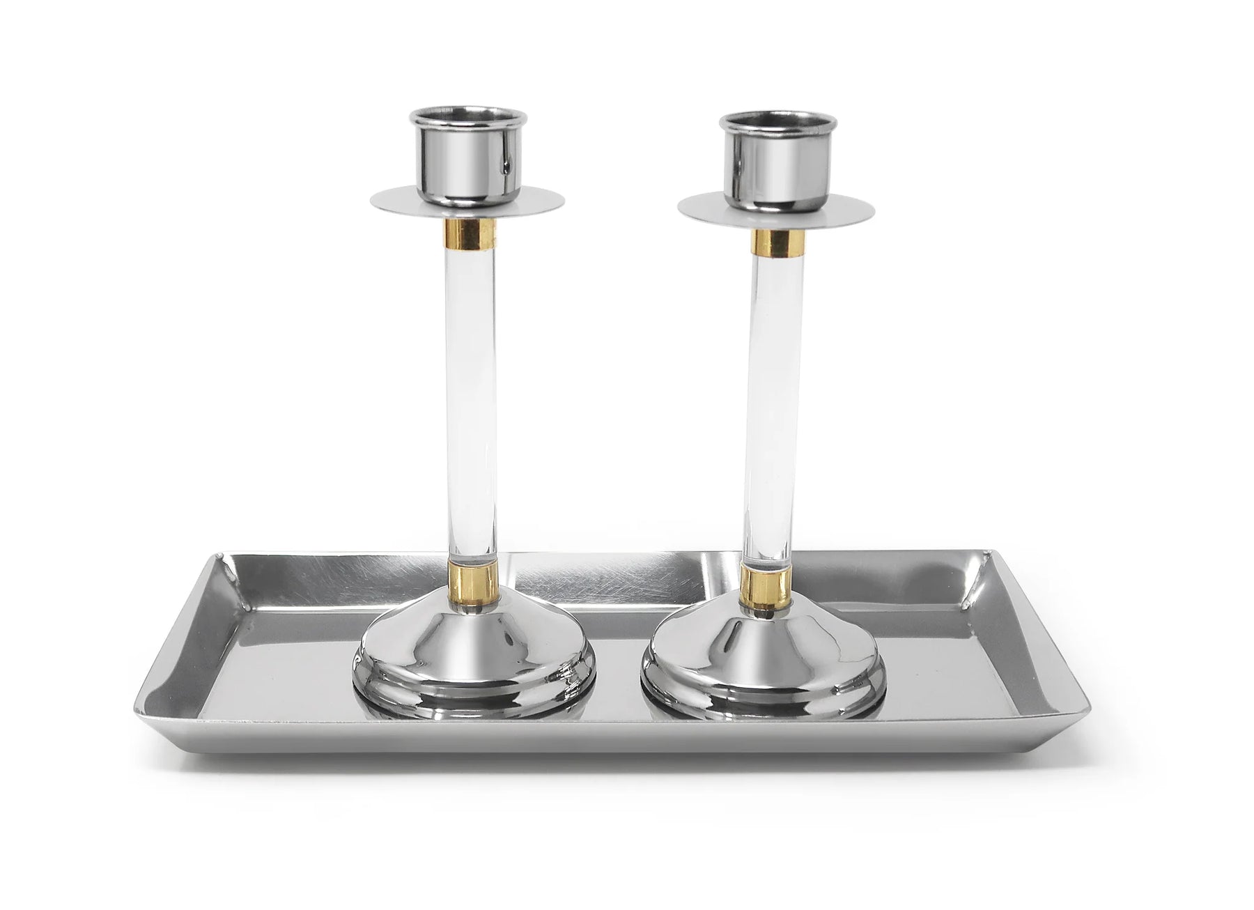Classic Touch Stainless Steel, Acrylic Stemmed Candlesticks with Tray