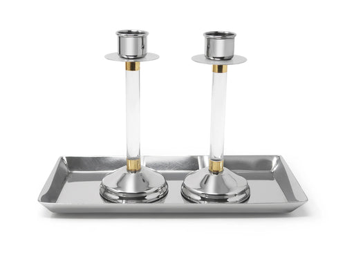 Classic Touch Stainless Steel, Acrylic Stemmed Candlesticks with Tray