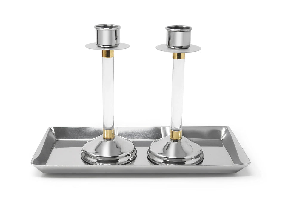 Classic Touch Stainless Steel, Acrylic Stemmed Candlesticks with Tray