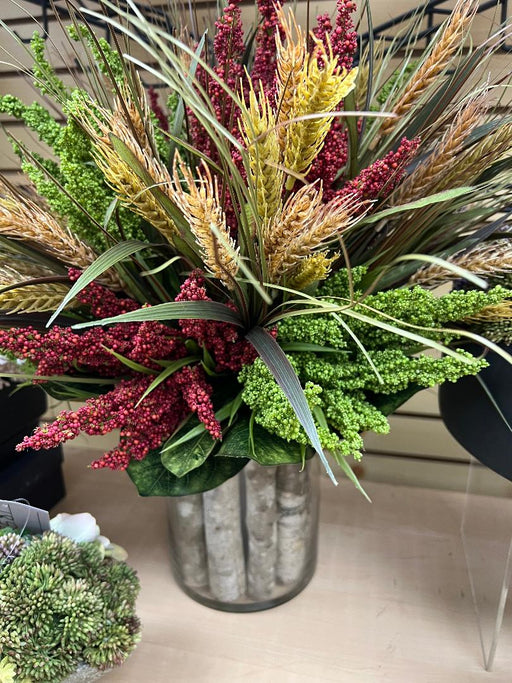 Fall Floral with wheat in Glass Vase Large Size