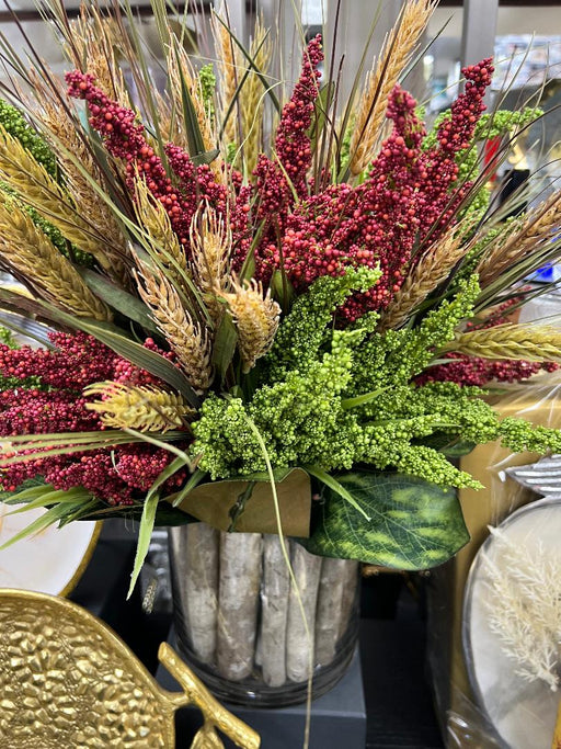 Fall Floral with wheat in Glass Vase Medium Size