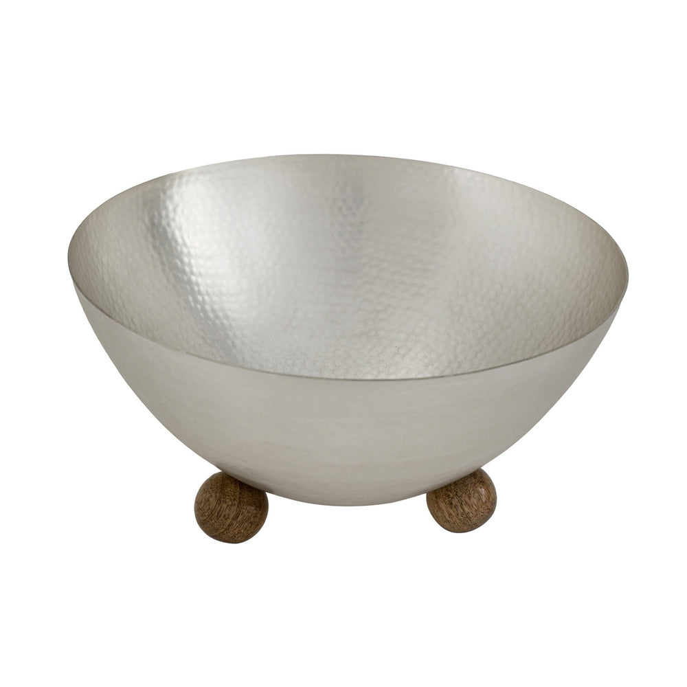 Godinger Temari Hammered Matte Silver Bowl, Wood Ball Legs
