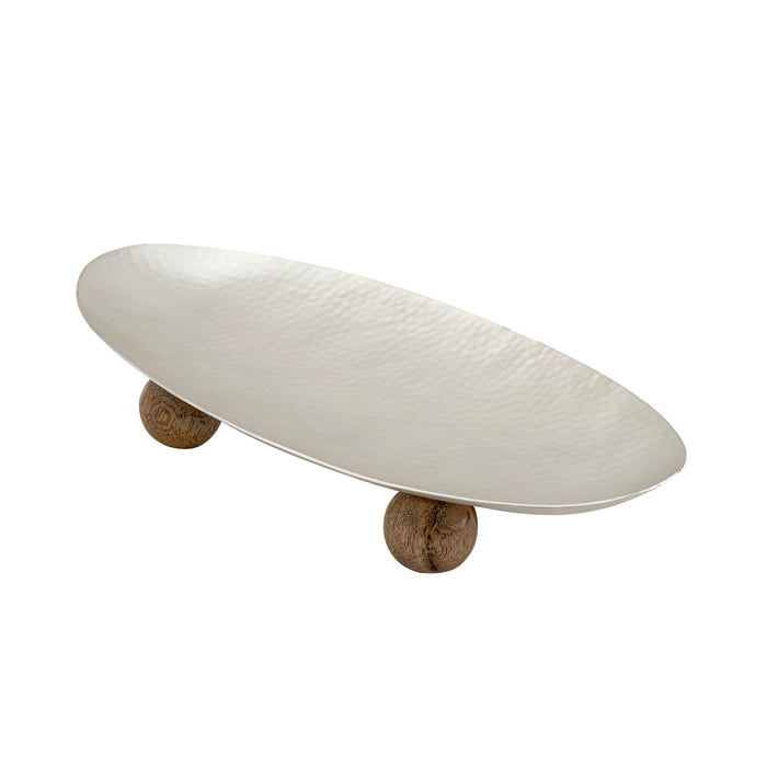 Godinger TEMARI Hammered Matte Silver Platter, Wood Ball Legs