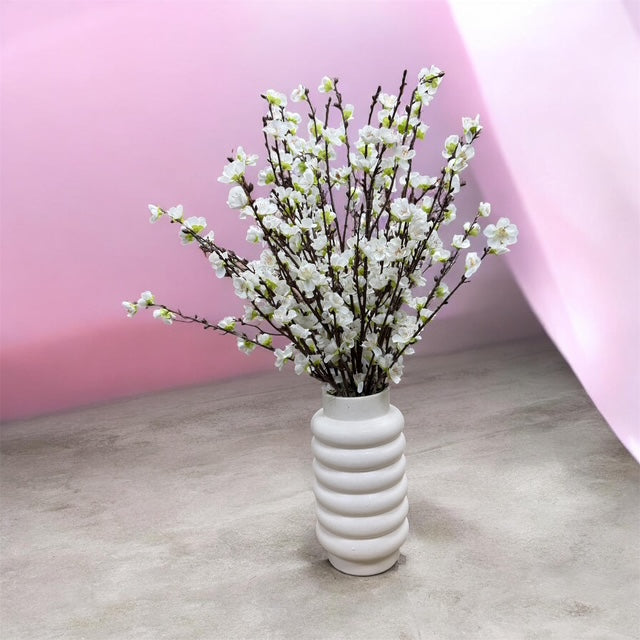 CDI White Cherry Blossom in White Ridged Pot