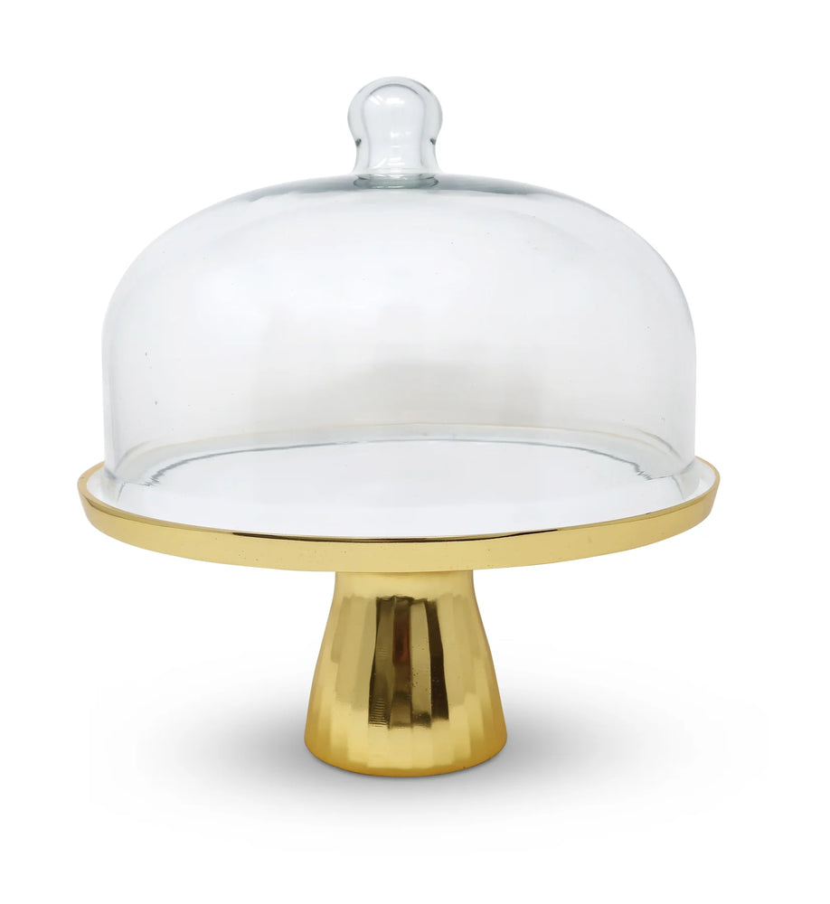 Vivience Gold and White Cake Stand with Glass Dome