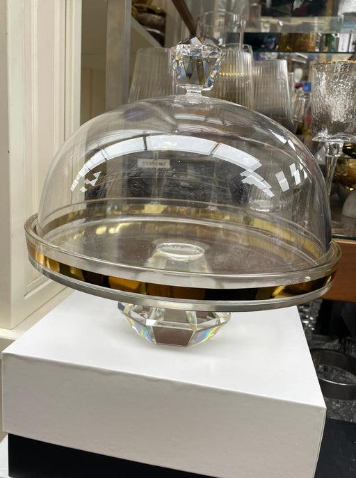 Vivience Glass Cake Dome Gold Design with Diamond Base and Handle