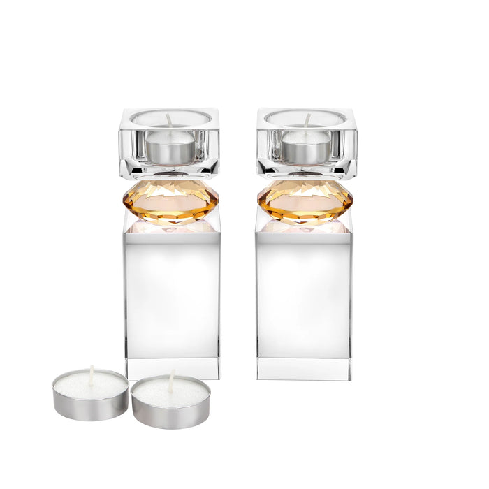 Vivience Tall Tea Light Candle Holders with Colored Diamond on Foot, Set/2