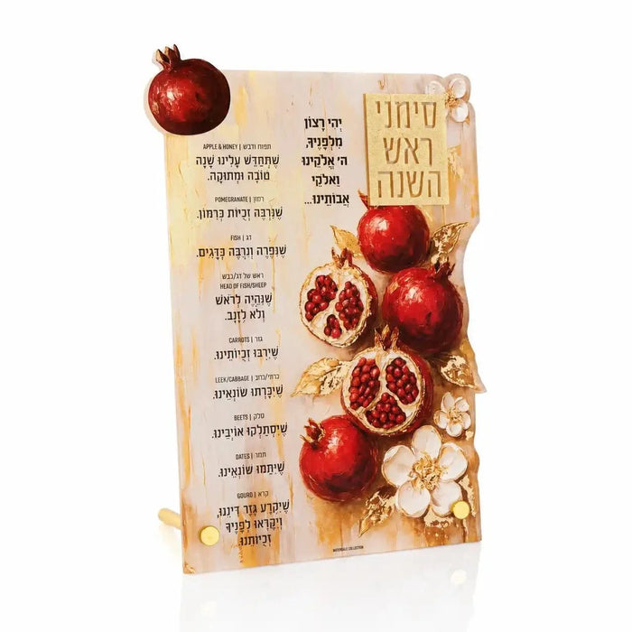 Waterdale Collection Rosh Hashana Tabletop Painted Pomegranates Simanim Card WITH LEGS