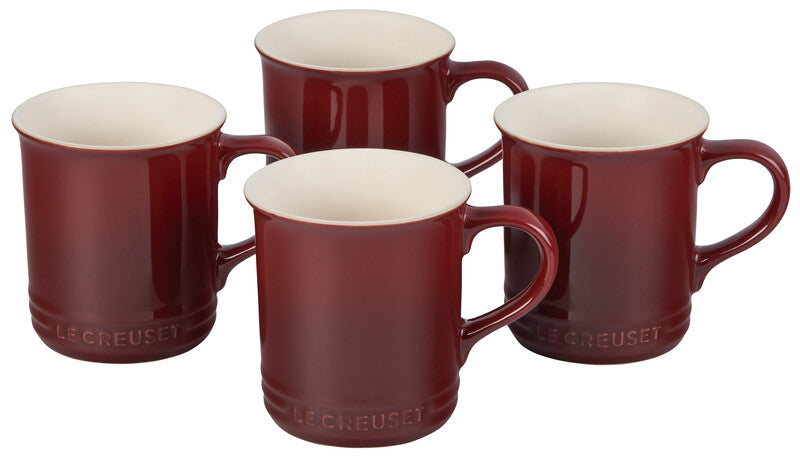 Le Creuset Stoneware Mugs Set Of 4, 14 Oz Cerise Red Mugs, Durable & Dishwasher Safe Coffee Mugs