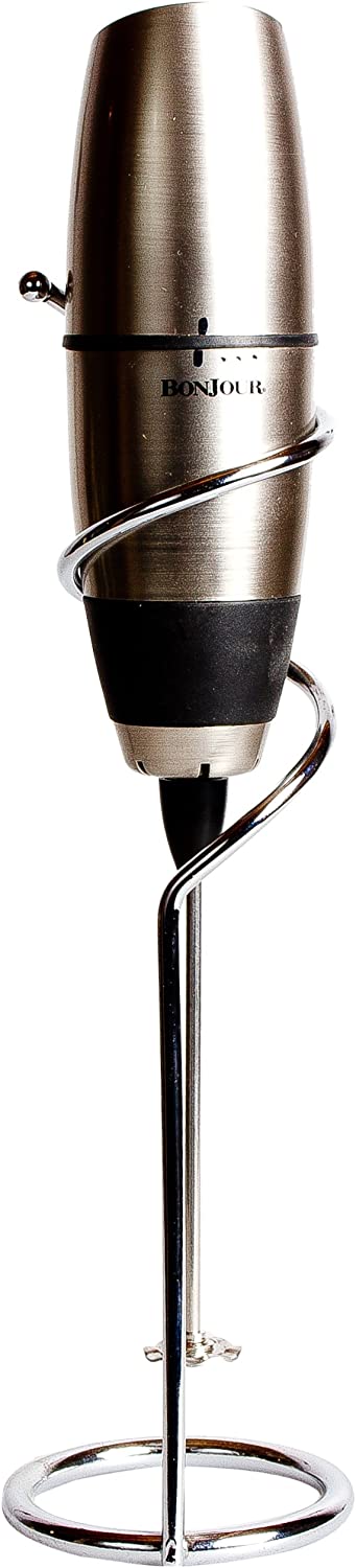 BonJour Battery-Powered Cafe Latte Frother with Stand, Chrome/Black