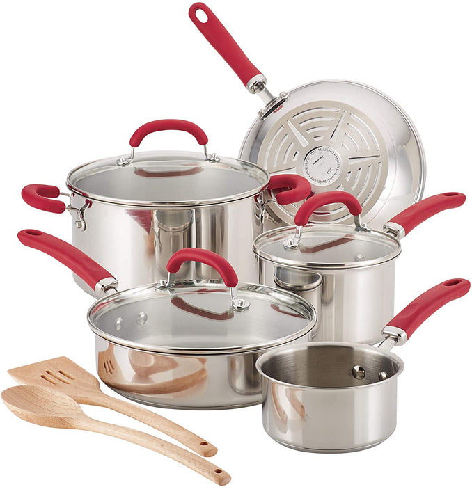 Rachael Ray Create Delicious Stainless Steel Cookware Set, 10-Piece Pots and Pans Set, Stainless Steel with Silicone Handles