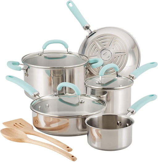 Rachael Ray Create Delicious Stainless Steel Cookware Set, 10-Piece Pots and Pans Set, Stainless Steel with Silicone Handles