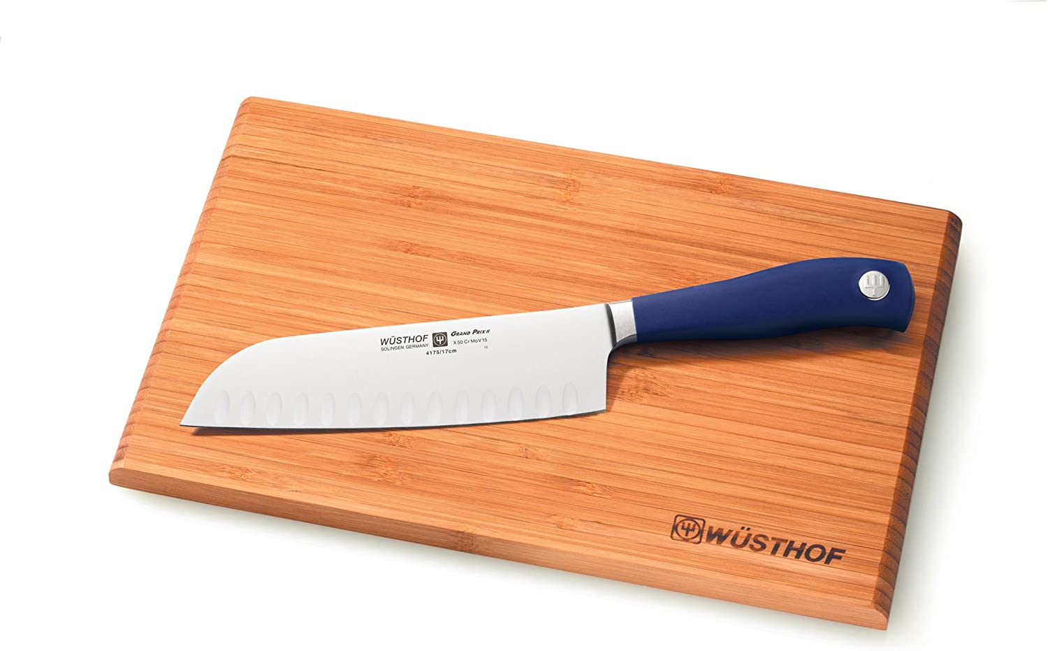 Wusthof Grand Prix 7-Inch Santoku and Bamboo Cutting Board Blue
