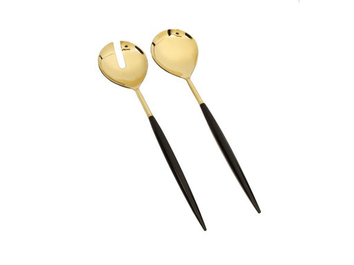 Classic Touch Set of 2 Shiny Gold Salad Servers with Neat Black Handles