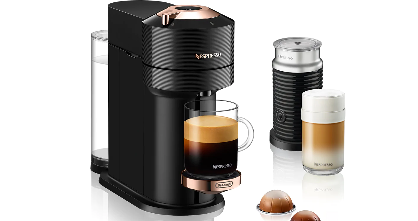 De'Longhi Nespresso Vertuo Next Coffee & Espresso Machine w/Aeroccino Milk Frother Single-Serve Black Rose Gold ENV120BAE