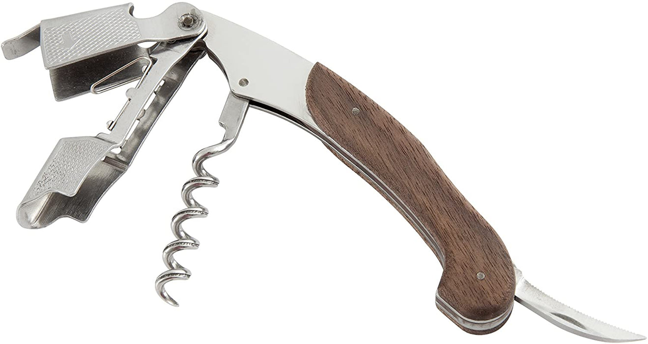 Fortessa Crafthouse 4.75" Black Walnut Wood and Stainless Steel Multi Step Bottle Opener/Corkscrew