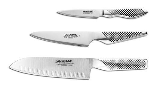 Global G-48338-3 Piece Knife Set with Santoku - Hollow Ground, Utility and Paring Knife