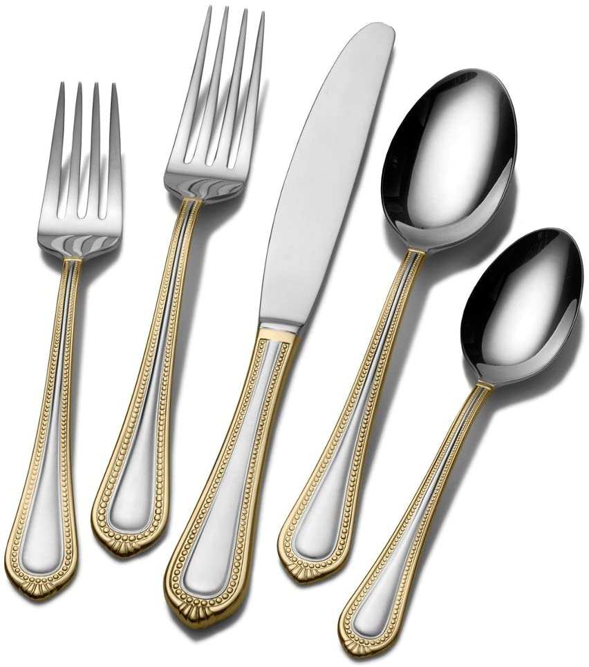 Mikasa 5119760/17-3880 24-Karat Gold on Regent Bead Gold 18/10 Stainless Steel 65-piece Flatware Set Service for 12