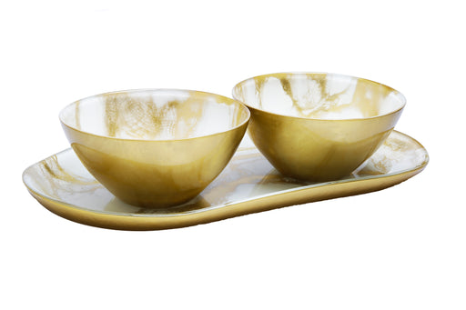 Classic Touch White and Gold Marbelized 2 Bowl Relish Dish