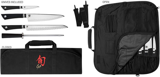 Shun Sora 5-Piece Student Set Including Stainless Chef’s 3.5 Paring, 9-Inch Bread, Honing Steel and 8-Slot, Black Nylon Knife Roll for Carrying Convenience