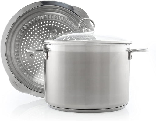 Chantal Induction 21 Steel 8 quart Stockpot with Pasta-Steamer Insert and Tempered Glass Lid, Brushed Stainless Steel
