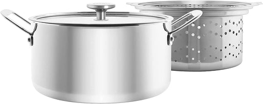 Chantal 3.Clad Tri-Ply 7 quart Stockpot with Pasta-Steamer Insert, Polished Stainless Steel, Tempered Glass Lid