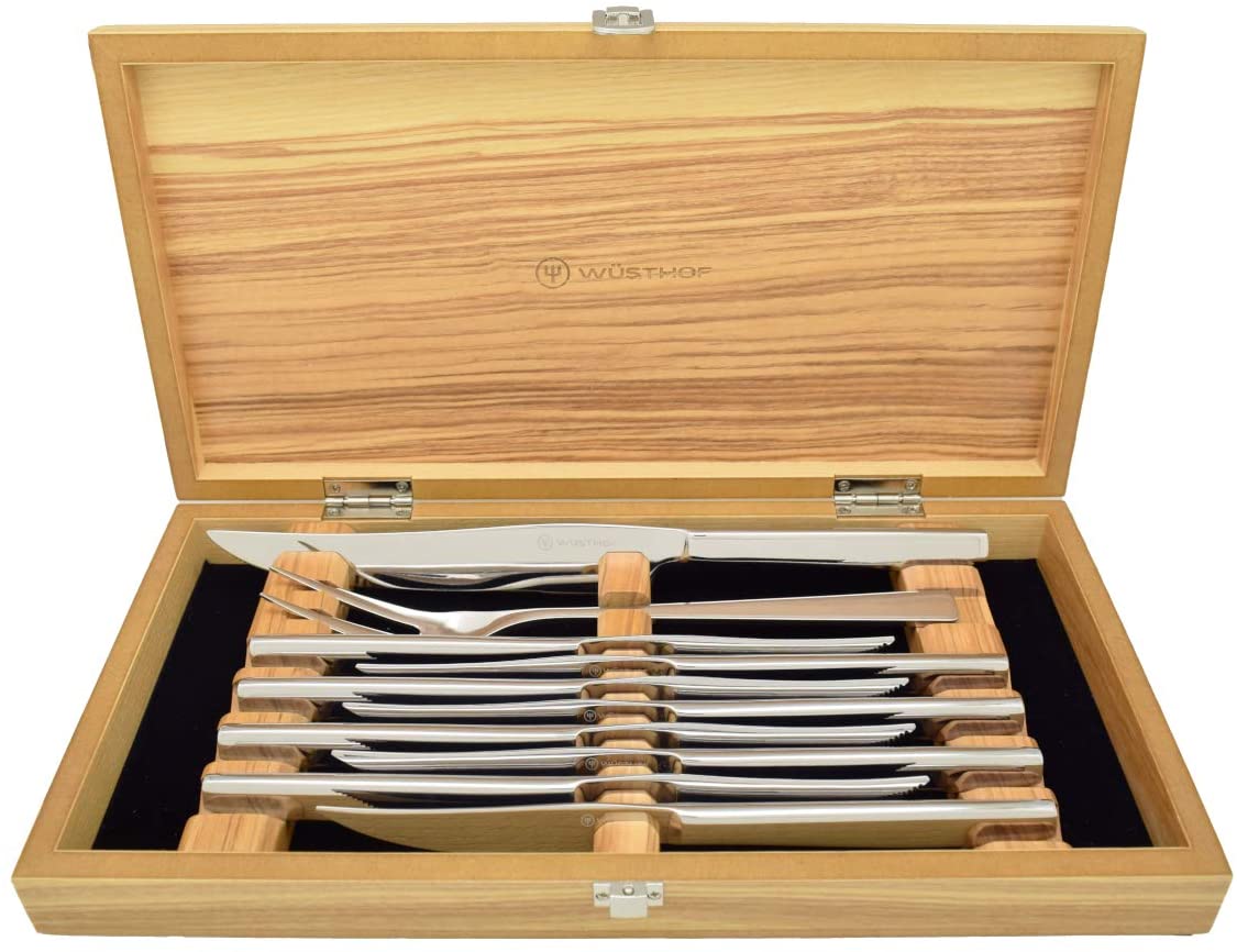 Wusthof Stainless Ten Piece Steak Knife and Carving Set In Olivewood Chest
